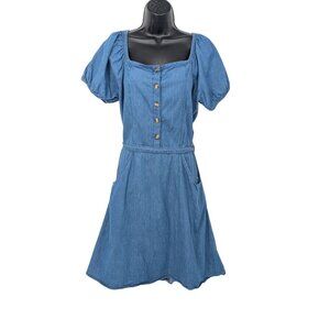 Chambray Denim Puff Sleeve Dress Belted Smocked Cottage Prairie Festival Size XL